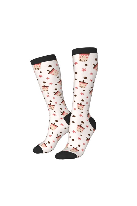 Women Crew Soft Moisture-wicking Socks Milk Tea Pattern Design Cotton Socks, One Size fit All