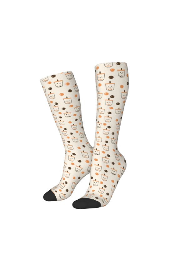 Women Crew Soft Moisture-wicking Socks Milk Tea Pattern Design Cotton Socks, One Size fit All
