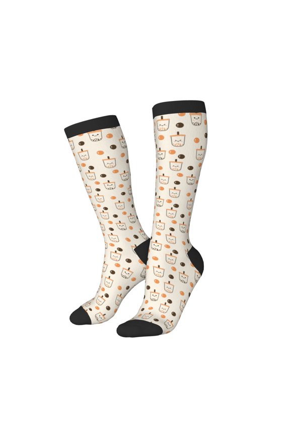 Women Crew Soft Moisture-wicking Socks Milk Tea Pattern Design Cotton Socks, One Size fit All