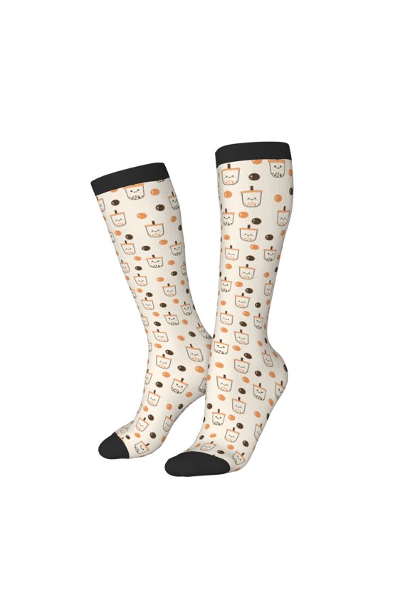 Women Crew Soft Moisture-wicking Socks Milk Tea Pattern Design Cotton Socks, One Size fit All
