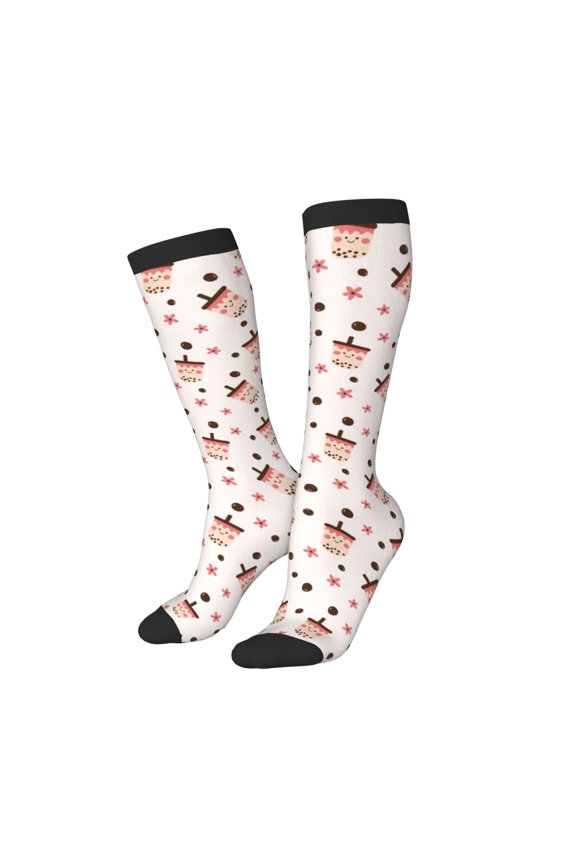Women Crew Soft Moisture-wicking Socks Milk Tea Pattern Design Cotton Socks, One Size fit All