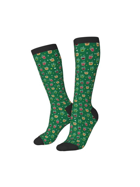 Women Crew Soft Moisture-wicking Socks Milk Tea Pattern Design Cotton Socks, One Size fit All