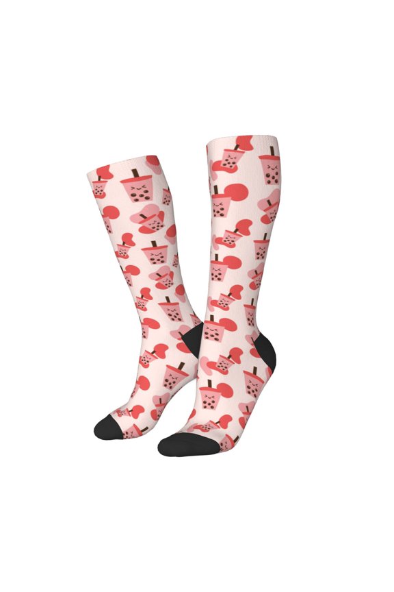 Women Crew Soft Moisture-wicking Socks Milk Tea Pattern Design Cotton Socks, One Size fit All