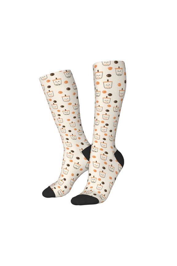 Women Crew Soft Moisture-wicking Socks Milk Tea Pattern Design Cotton Socks, One Size fit All