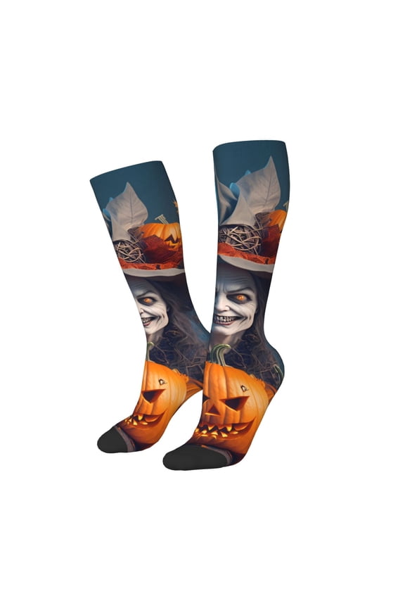 Women Crew Soft Moisture-wicking Socks Modern Style Pumpkin Witch Pattern Design Cotton Socks, One Size fit All
