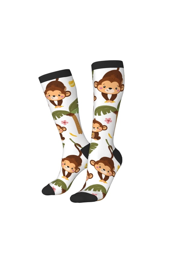 Women Crew Soft Moisture-wicking Socks Monkeys Swinging from Palms Pattern Design Cotton Socks, One Size fit All