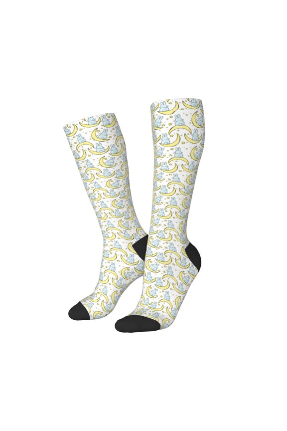 Women Crew Soft Moisture-wicking Socks Moon And Rabbit Pattern Design Cotton Socks, One Size fit All