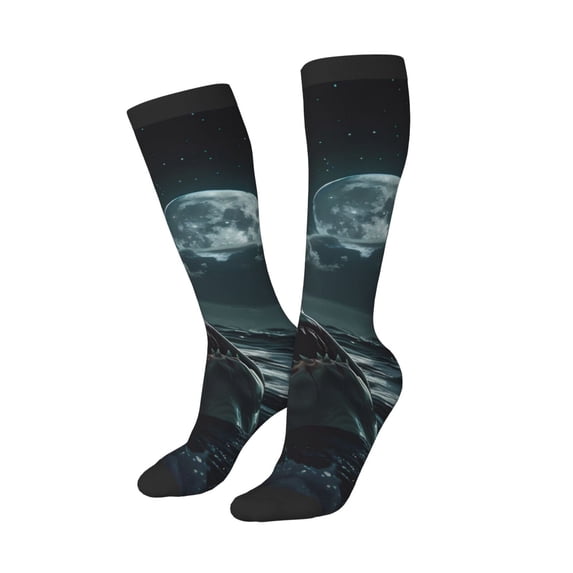 Picia Women Crew Soft Moisture-wicking Socks Moonlit Night Sky Shark Pattern Design Cotton Socks, One Size fit All