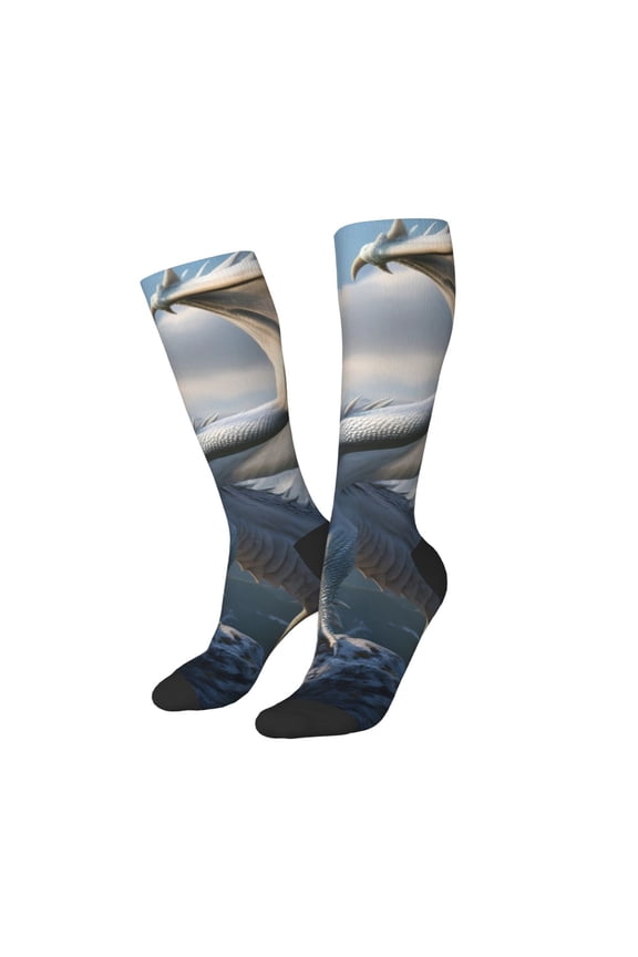Women Crew Soft Moisture-wicking Socks Mountain White Dragon Pattern Design Cotton Socks, One Size fit All