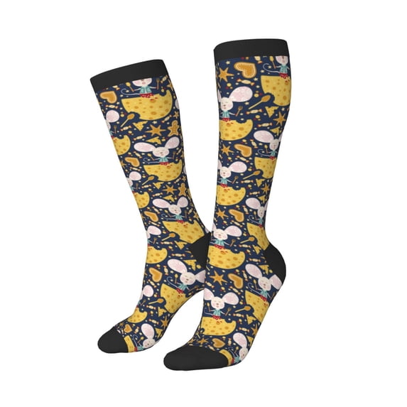 Picia Women Crew Soft Moisture-wicking Socks Mouse Cheese Pattern Design Cotton Socks, One Size fit All