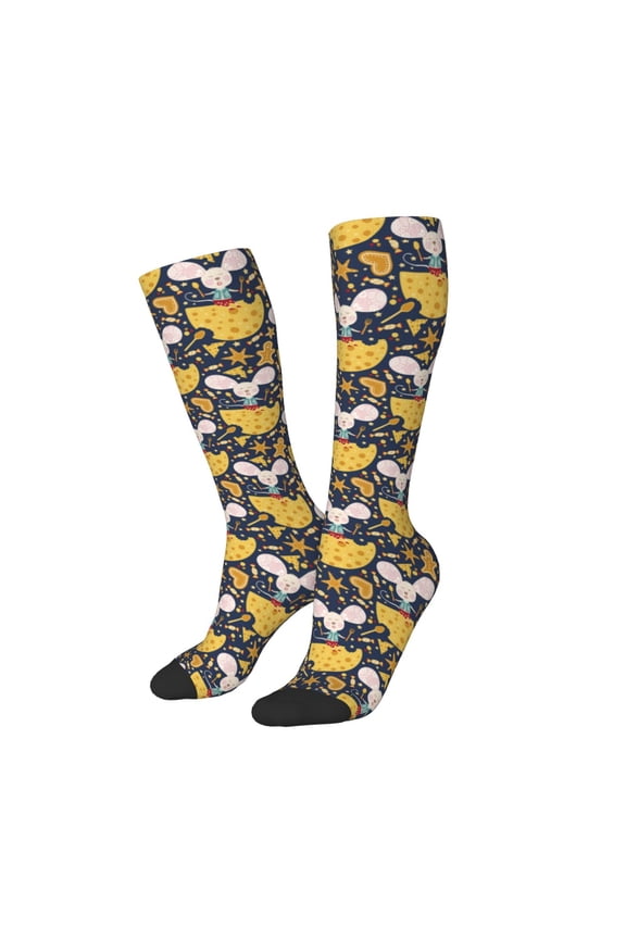 Women Crew Soft Moisture-wicking Socks Mouse Cheese Pattern Design Cotton Socks, One Size fit All
