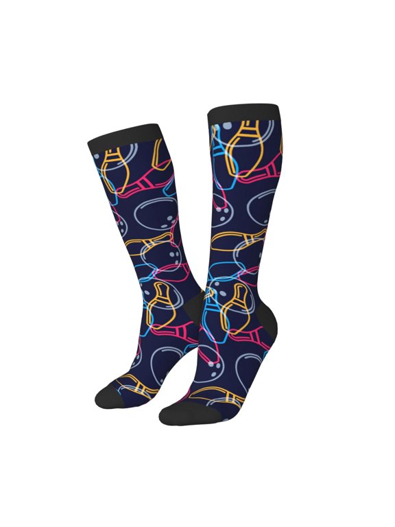 Women Crew Soft Moisture-wicking Socks Multicolor Bowling Pattern Design Cotton Socks, One Size fit All