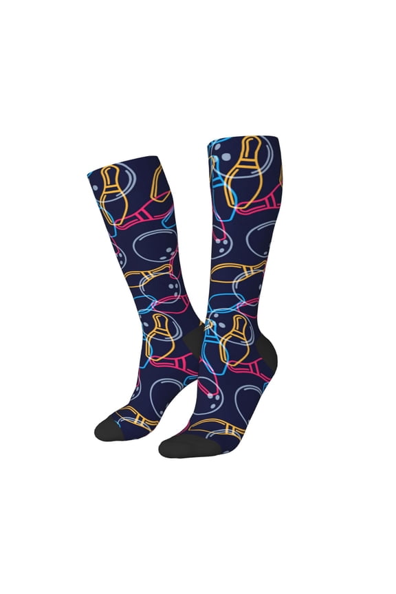 Women Crew Soft Moisture-wicking Socks Multicolor Bowling Pattern Design Cotton Socks, One Size fit All