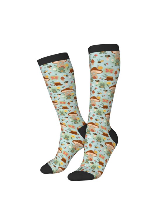 Women Crew Soft Moisture-wicking Socks Mushroom House Insect Frog Pattern Design Cotton Socks, One Size fit All
