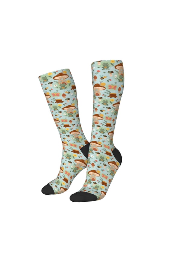 Women Crew Soft Moisture-wicking Socks Mushroom House Insect Frog Pattern Design Cotton Socks, One Size fit All