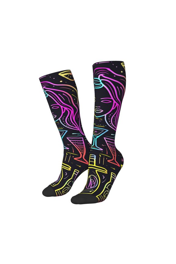 Women Crew Soft Moisture-wicking Socks Neon Bar Drinks Pattern Design Cotton Socks, One Size fit All