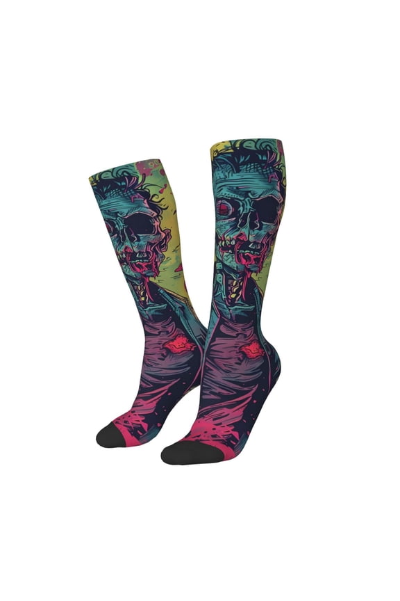 Women Crew Soft Moisture-wicking Socks Neon Zombie Skull Pattern Design Cotton Socks, One Size fit All