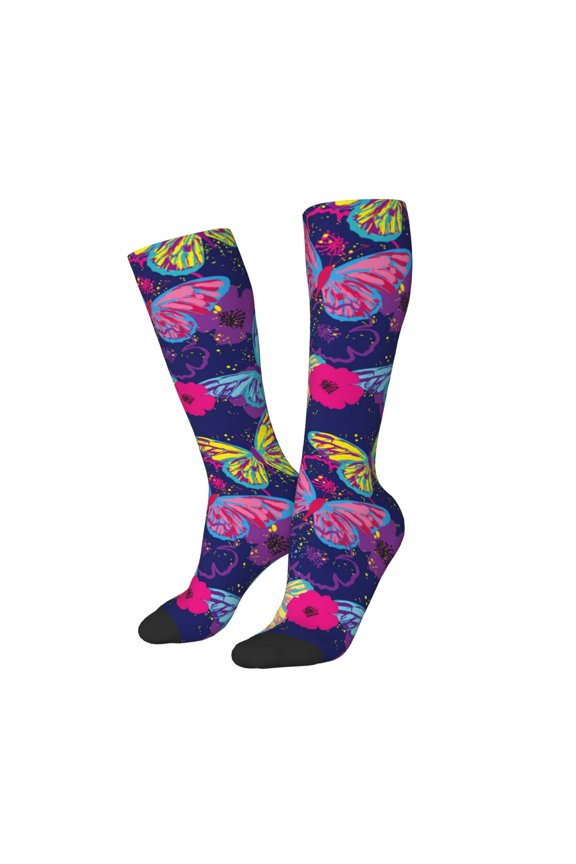 Women Crew Soft Moisture-wicking Socks Paint Butterflies Pattern Design Cotton Socks, One Size fit All
