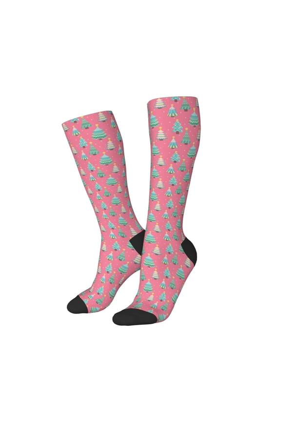 Women Crew Soft Moisture-wicking Socks Pastel Christmas Trees on Pink Pattern Design Cotton Socks, One Size fit All