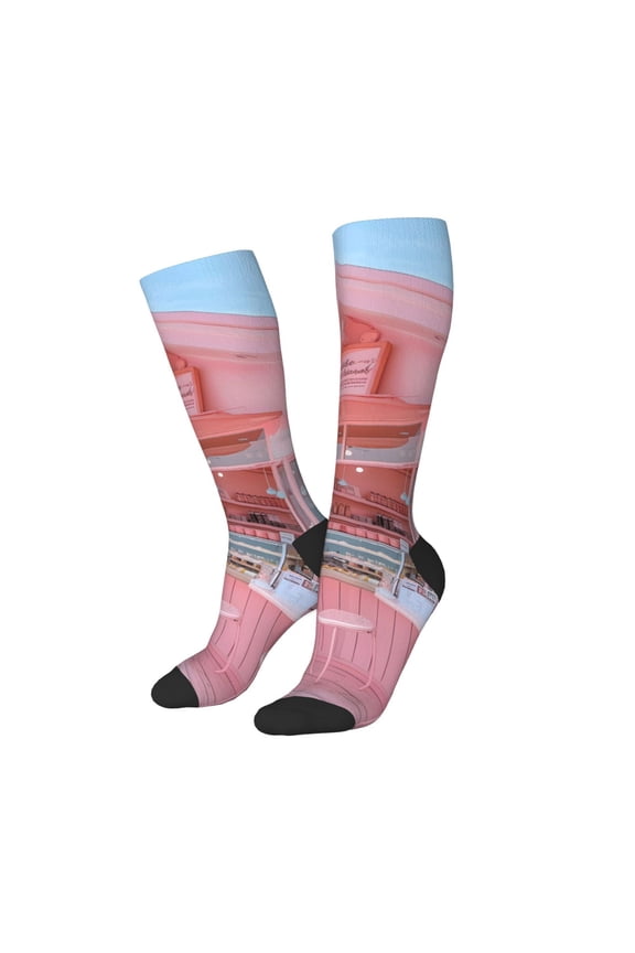 Women Crew Soft Moisture-wicking Socks Pastel Pink Beach Cafe Pattern Design Cotton Socks, One Size fit All