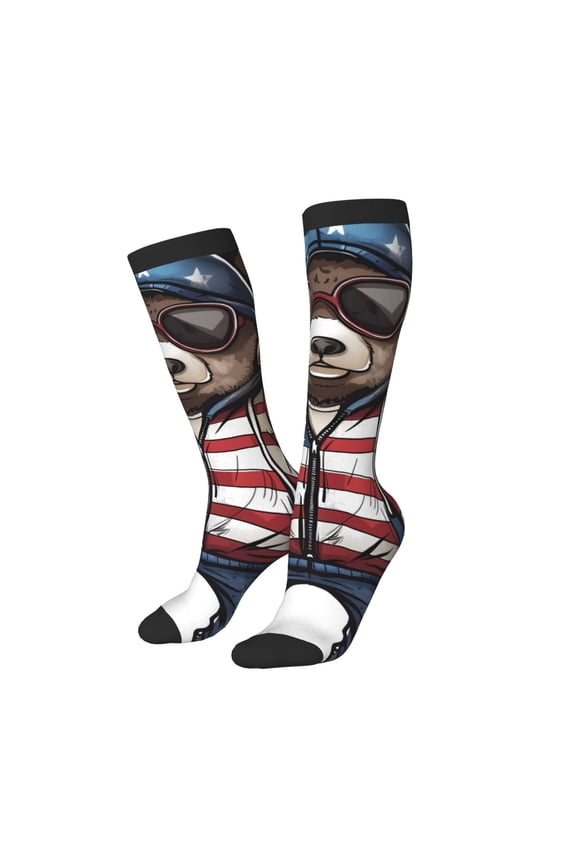 Women Crew Soft Moisture-wicking Socks Patriotic Boxing Bear Art Pattern Design Cotton Socks, One Size fit All