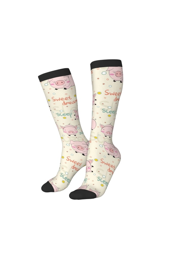 Women Crew Soft Moisture-wicking Socks Pigs Sleep Pattern Design Cotton Socks, One Size fit All