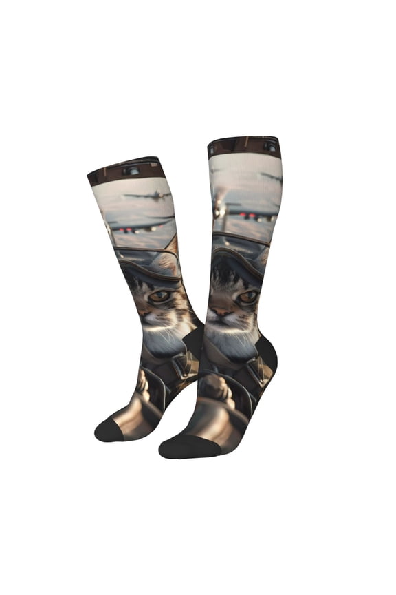 Women Crew Soft Moisture-wicking Socks Pilot Cat In Vintage Plane Pattern Design Cotton Socks, One Size fit All