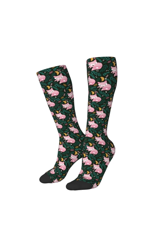 Women Crew Soft Moisture-wicking Socks Pink Sleeping Fox Pattern Design Cotton Socks, One Size fit All