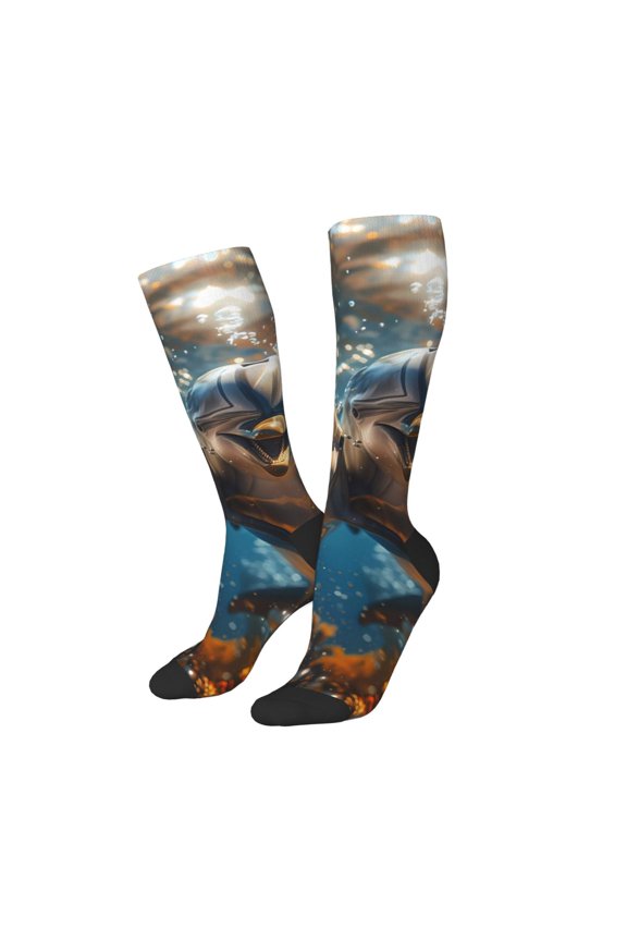 Women Crew Soft Moisture-wicking Socks Playful Dolphins Underwater Pattern Design Cotton Socks, One Size fit All