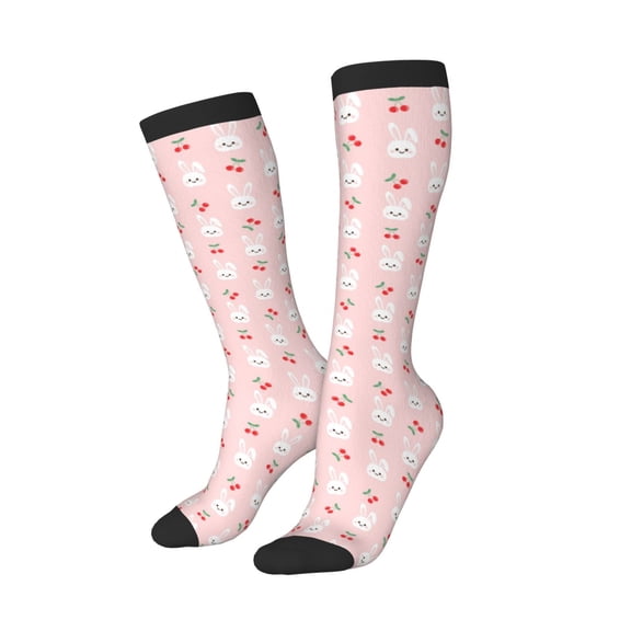 Picia Women Crew Soft Moisture-wicking Socks Rabbit And Cherry Pattern Design Cotton Socks, One Size fit All