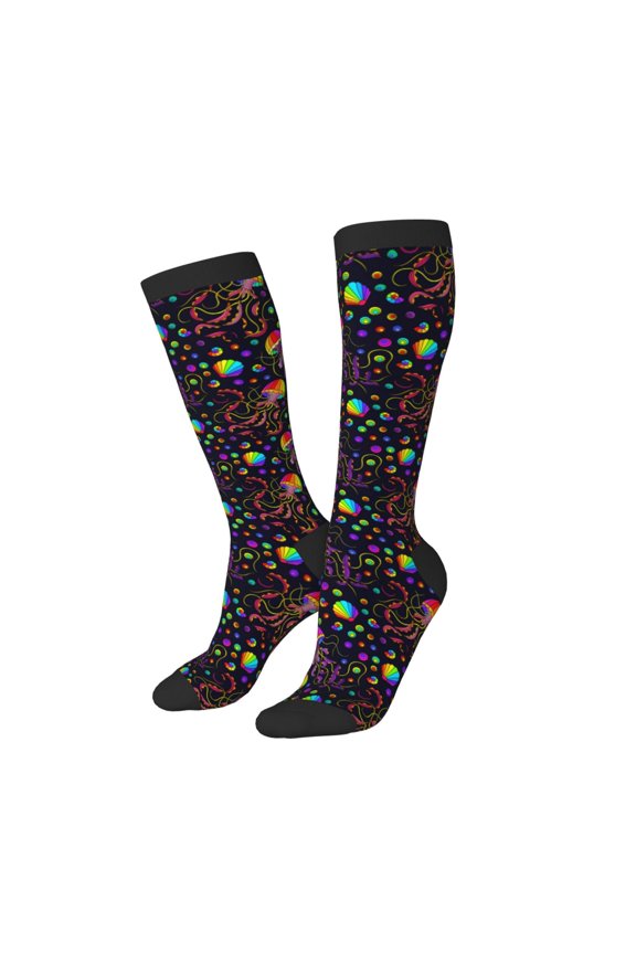 Women Crew Soft Moisture-wicking Socks Rainbow Jellyfishes Pattern Design Cotton Socks, One Size fit All