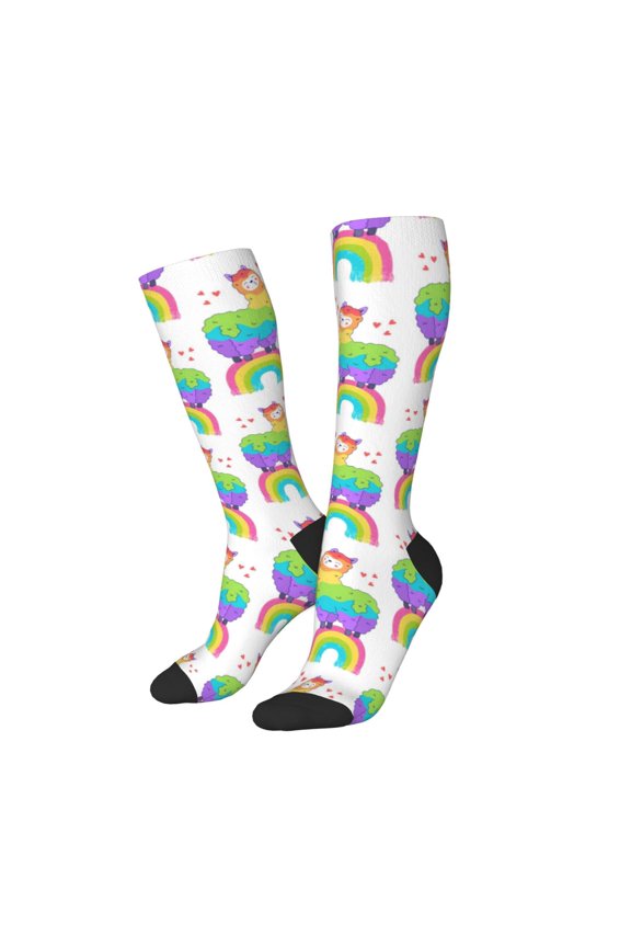 Women Crew Soft Moisture-wicking Socks Rainbow Llama Pattern Design Cotton Socks, One Size fit All