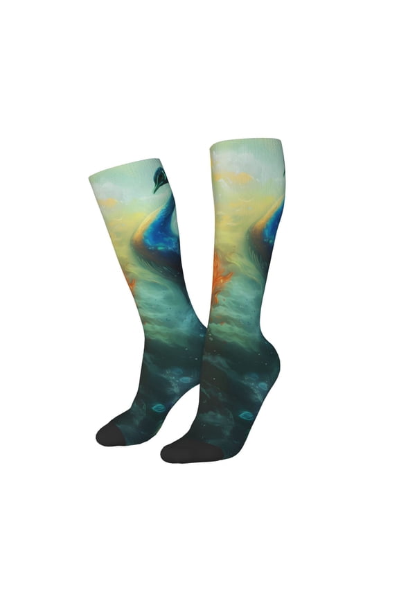 Women Crew Soft Moisture-wicking Socks Red And Blue Fire Peacock Pattern Design Cotton Socks, One Size fit All