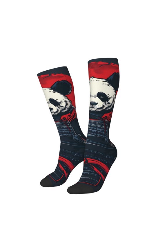 Women Crew Soft Moisture-wicking Socks Red Black Eastern Panda Warrior Pattern Design Cotton Socks, One Size fit All