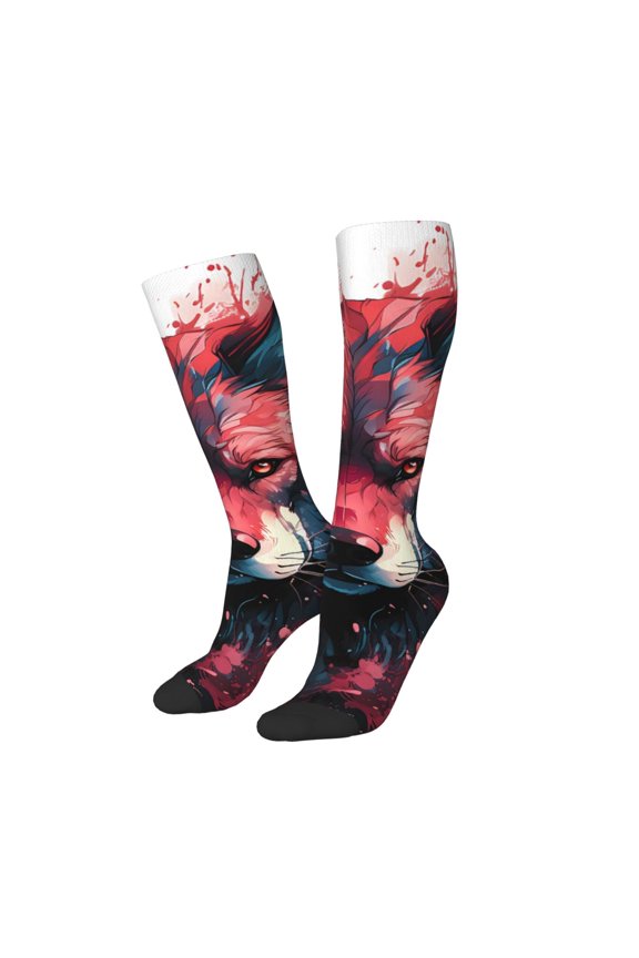 Women Crew Soft Moisture-wicking Socks Red Flame Wolf Head Pattern Design Cotton Socks, One Size fit All