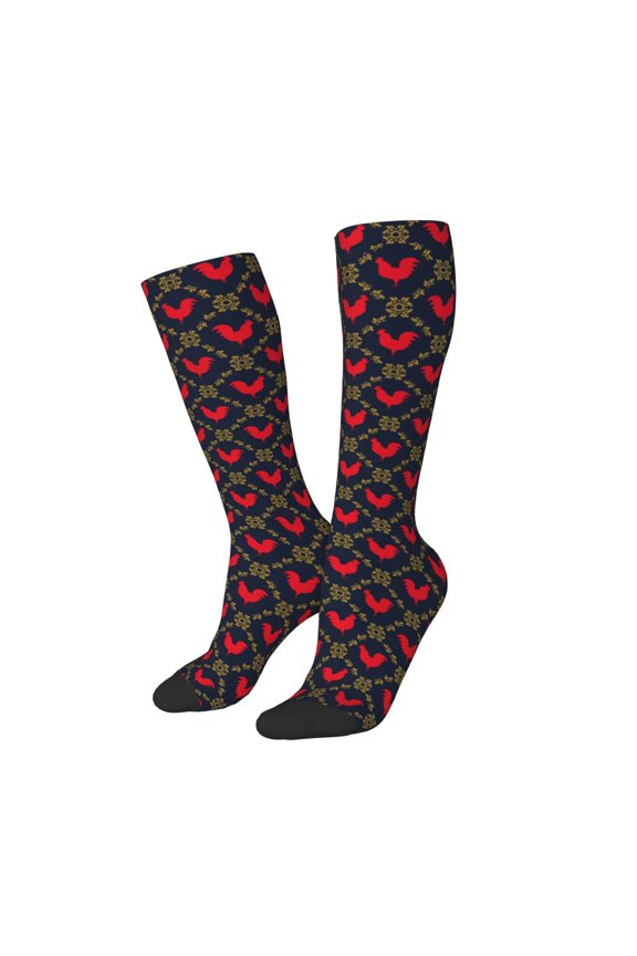 Women Crew Soft Moisture-wicking Socks Red Rooster Pattern Design Cotton Socks, One Size fit All