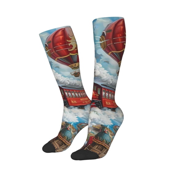 Picia Women Crew Soft Moisture-wicking Socks Red Train Hot Air Balloon Pattern Design Cotton Socks, One Size fit All