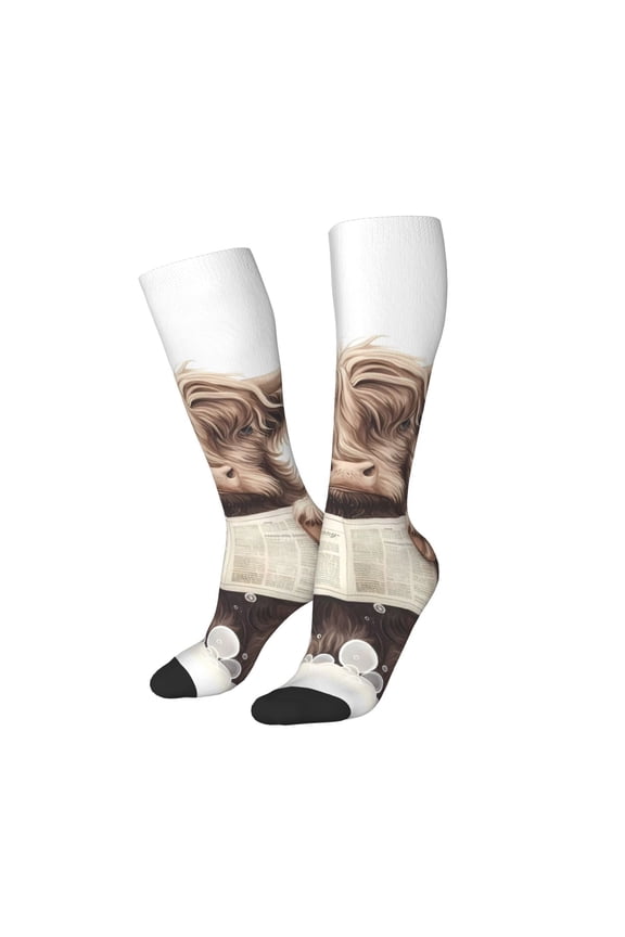 Women Crew Soft Moisture-wicking Socks Relaxed Cute Cow Reading Pattern Design Cotton Socks, One Size fit All