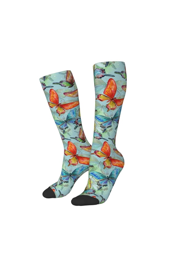 Women Crew Soft Moisture-wicking Socks Retro Seamless Flying Butterflies Pattern Design Cotton Socks, One Size fit All