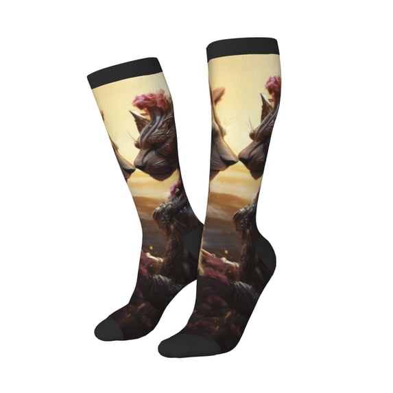Picia Women Crew Soft Moisture-wicking Socks Romantic Flower Lion Couple Pattern Design Cotton Socks, One Size fit All