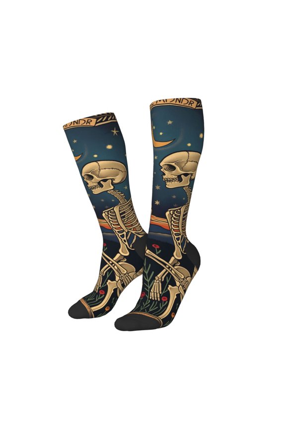 Women Crew Soft Moisture-wicking Socks Romantic Skeletons Under Moon Pattern Design Cotton Socks, One Size fit All