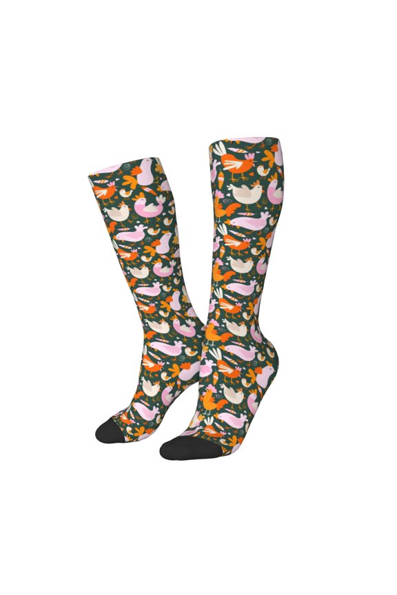 Women Crew Soft Moisture-wicking Socks Roosters and Chicks Pattern Design Cotton Socks, One Size fit All