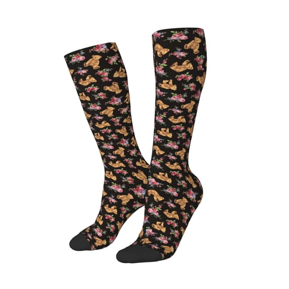 Picia Women Crew Soft Moisture-wicking Socks Rose Flower Bear Pattern Design Cotton Socks, One Size fit All