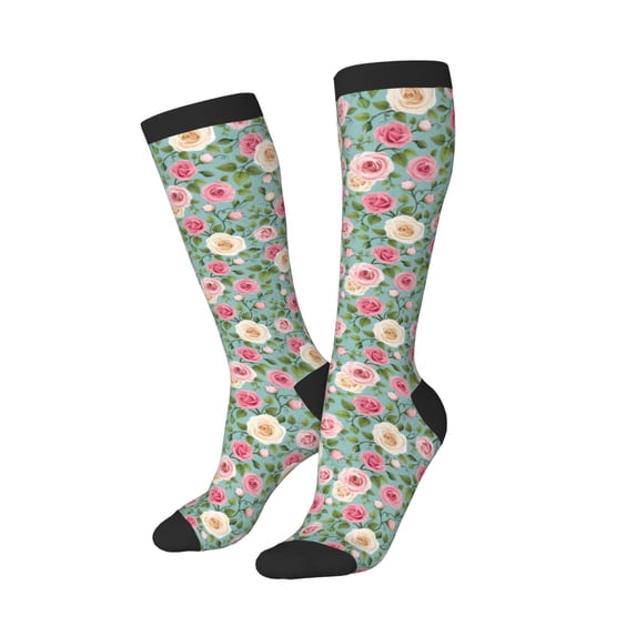 Picia Women Crew Soft Moisture-wicking Socks Rose Flowers Pattern Design Cotton Socks, One Size fit All