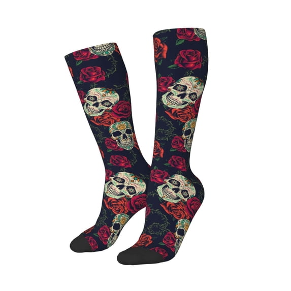 Picia Women Crew Soft Moisture-wicking Socks Roses Skulls Pattern Design Cotton Socks, One Size fit All