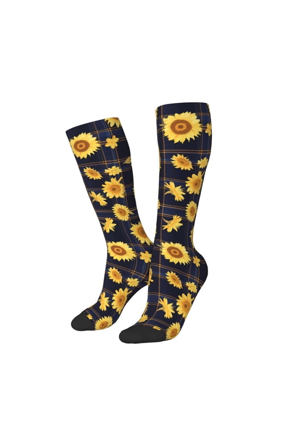 Women Crew Soft Moisture-wicking Socks Royal Blue Plaid Sunflower Pattern Design Cotton Socks, One Size fit All