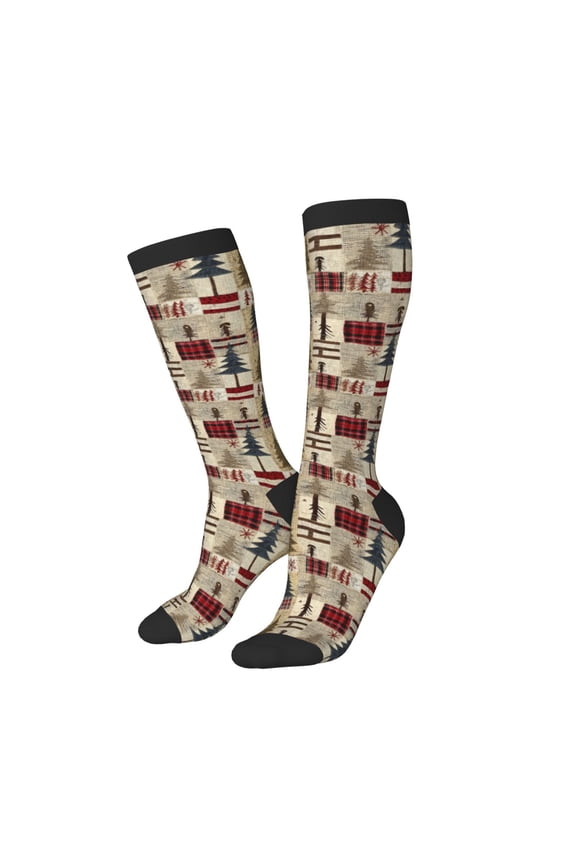 Women Crew Soft Moisture-wicking Socks Rustic Plaid Forest Lodge Pattern Design Cotton Socks, One Size fit All