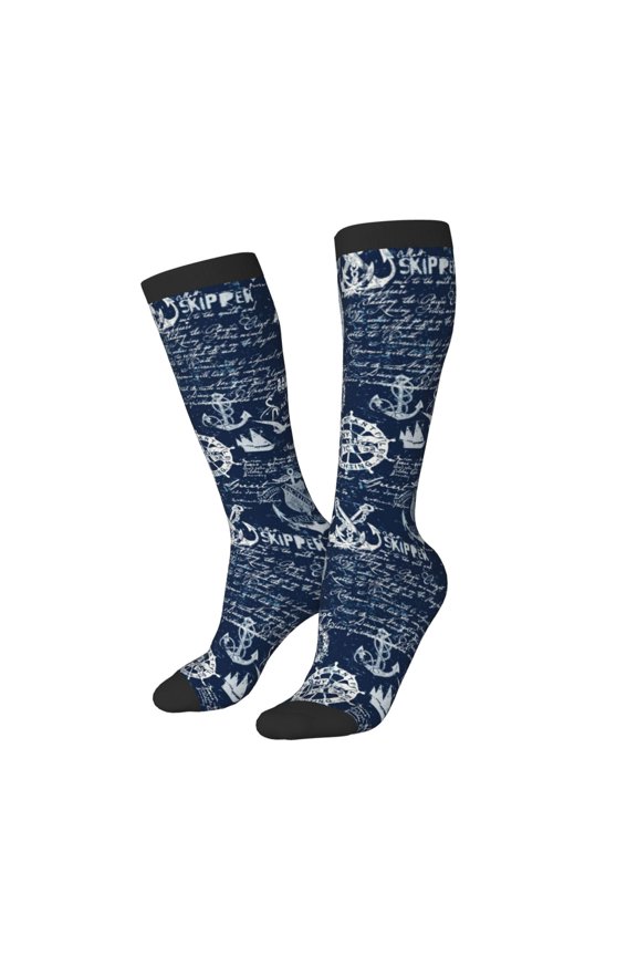 Women Crew Soft Moisture-wicking Socks Sailing Cruises Nautical Pattern Design Cotton Socks, One Size fit All