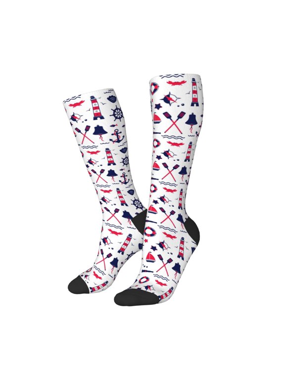 Women Crew Soft Moisture-wicking Socks Sailing Marine Travel Pattern Design Cotton Socks, One Size fit All