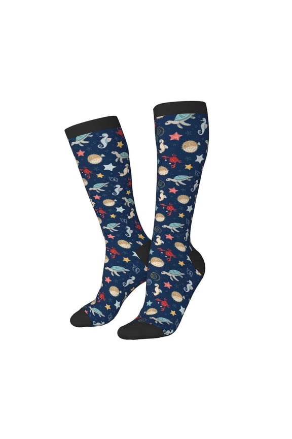 Women Crew Soft Moisture-wicking Socks Sea Creatures Pattern Design Cotton Socks, One Size fit All